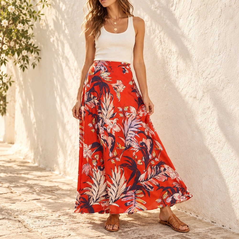 HD in Paris Anthropologie Silk Maxi Skirt Orange Tropical Floral Print Size 10